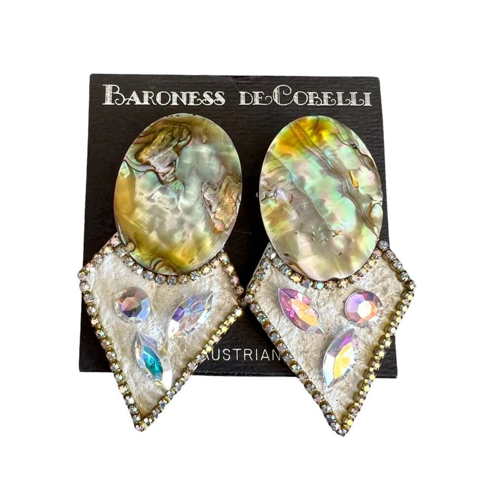 Rare 80s Vintage Baroness DeCobelli Abalone rhinestone large statement earrings